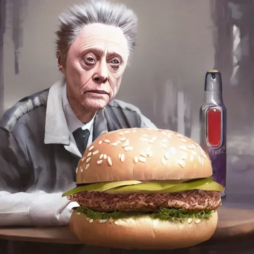 Prompt: a highly detailed epic cinematic concept art CG render digital painting artwork costume design: Christopher Walken as a depressed milkman eating a massive hamburger, voluptuous sesame seed bun, extra ketchup and pickles and onions . By Greg Rutkowski, Ilya Kuvshinov, WLOP, Stanley Artgerm Lau, Ruan Jia and Fenghua Zhong, trending on ArtStation, made in Maya and Photoshop, octane render, excellent composition, cinematic atmosphere, dynamic dramatic cinematic lighting, aesthetic, very inspirational, arthouse