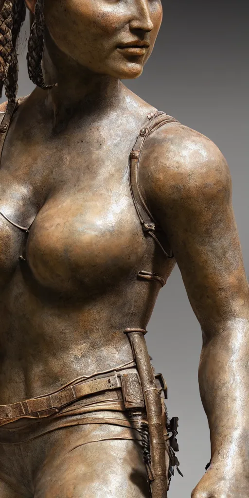 Image similar to detailed photo of an old bronze patina full body statue of a beautiful lara croft, photorealism, intricate detail, museum diffuse lighting