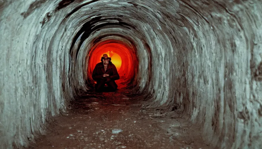 Image similar to 7 0 s movie still of a melting man in a tiny tunnel, cinestill 8 0 0 t 3 5 mm technicolor, heavy grain, high quality, high detail