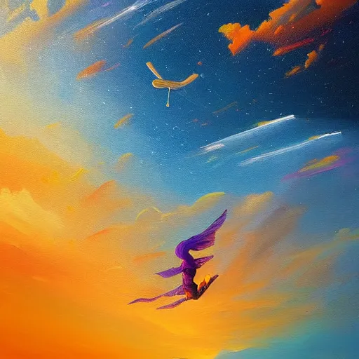 Image similar to a painting of a person flying through the sky, an ultrafine detailed painting by petros afshar, shutterstock contest winner, metaphysical painting, sense of awe, behance hd, windows vista