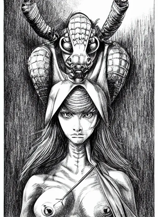 Image similar to line art pencil drawing of medieval half insect half woman chimera, very exaggerated fisheye perspective, art by shinichi sakamoto and kentaro miura