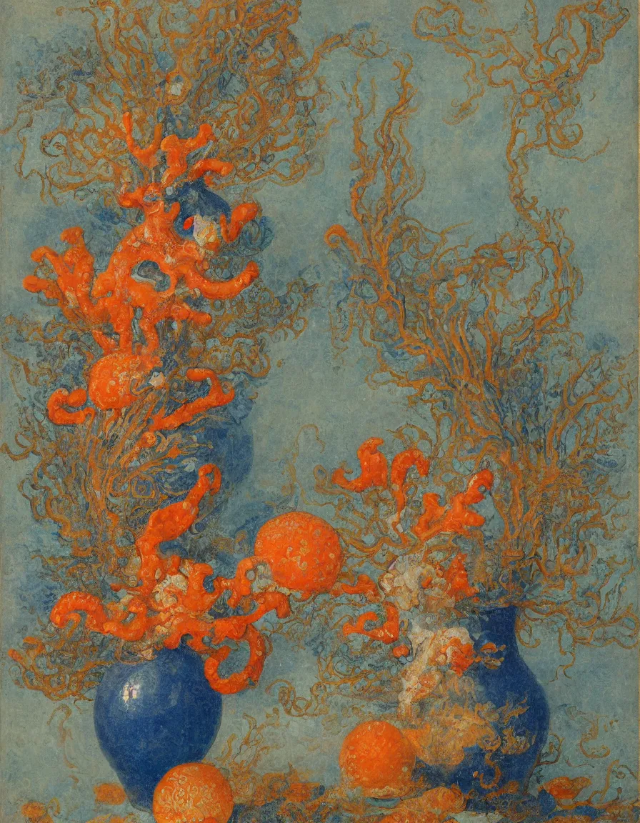 Image similar to bottle vase of coral under the sea decorated with a dense field of stylized scrolls that have opaque outlines enclosing mottled blue washes, with orange shells and purple fishes, Dutch golden age, oil on canvas, around the edges there are no objects