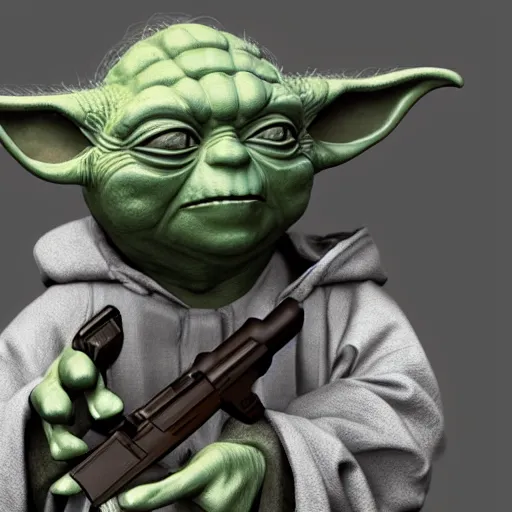 Image similar to an image of a yoda holding a glock, an ambient occlusion render by gatoken shunshi, pixiv, sots art, glitchy, hd mod, genderless
