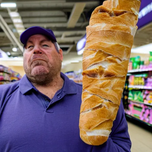 Prompt: thanos grumpily waiting in line at walmart grocery store, holding a baguette, photograph, 16mm f/1.4, 4k