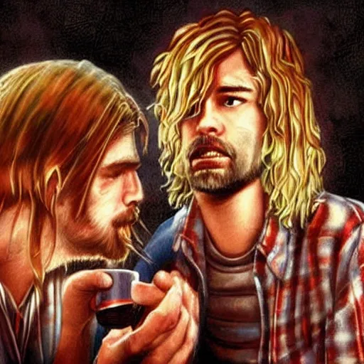 Image similar to a close - up stunning fantasy scene of kurt cobain drinking at a bar with layne staley | highly detailed | very intricate