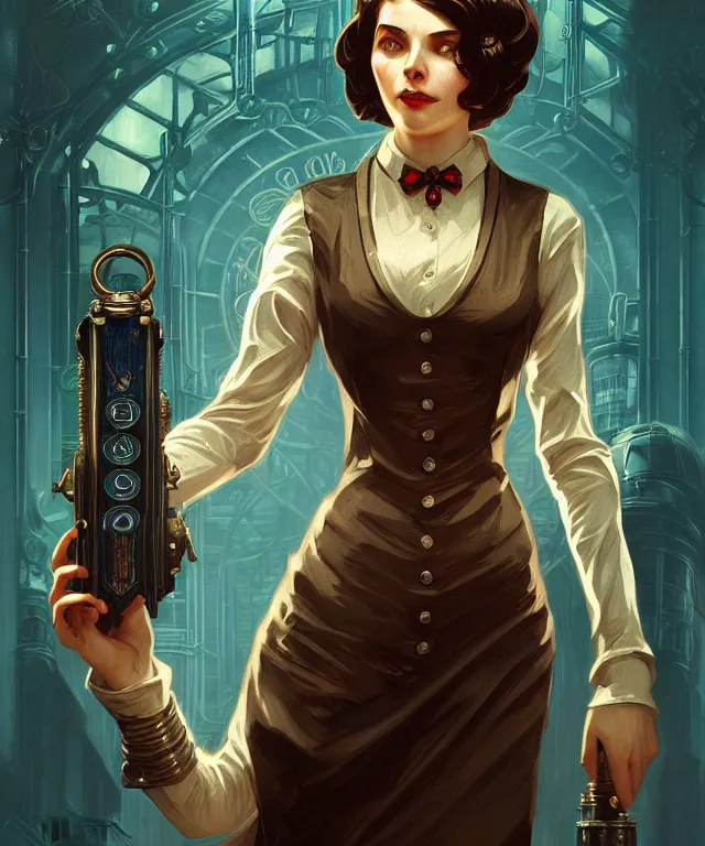 Image similar to big sister from the game bioshock, intricate, elegant, highly detailed, digital painting, artstation, concept art, smooth, sharp focus, illustration, art by artgerm and greg rutkowski and alphonse mucha