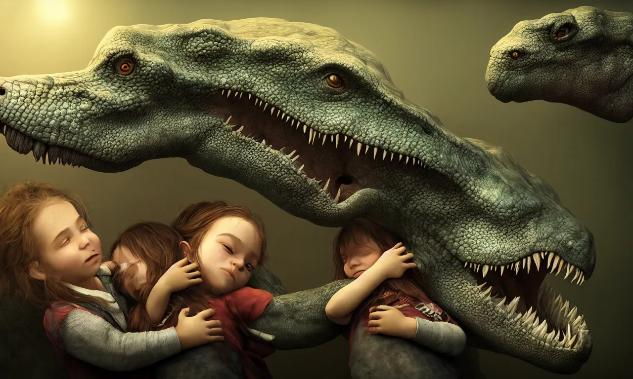 Image similar to portrait of a little girl cuddling with her beloved tyrannosaurus, very high detail, raytracing, back light, raymarching, by ilm, by digital domain, by weta digital