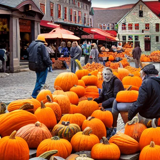 Image similar to pumpkin people selling goods at a market in a vermont town square, fall foliage, cobblestone streets, new england colonial buildings, intricate details, sharp focus, digital art, hyper realistic, 4 k, unreal engine, highly detailed, hd, dramatic lighting by brom, trending on artstation