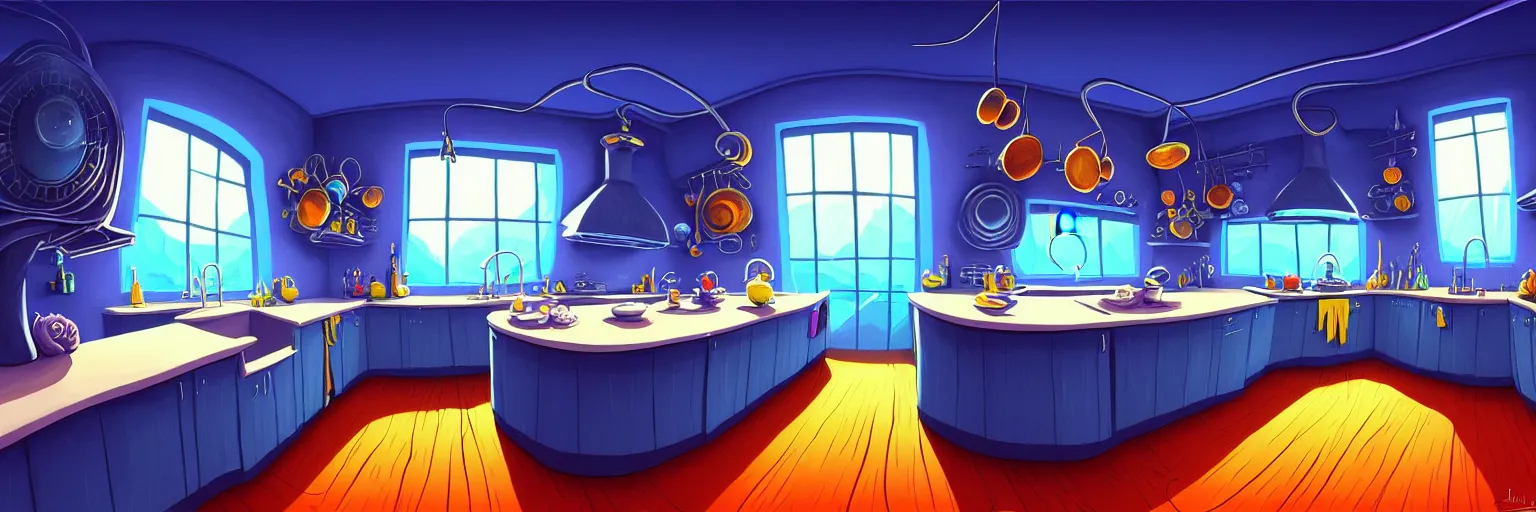 Prompt: ultraviolet dark palette, fisheye spiral lines, naive, extra narrow, detailed illustration of a kitchen, large floor, octopus shaped by rhads from lorax movie, trending artstation, dark blue