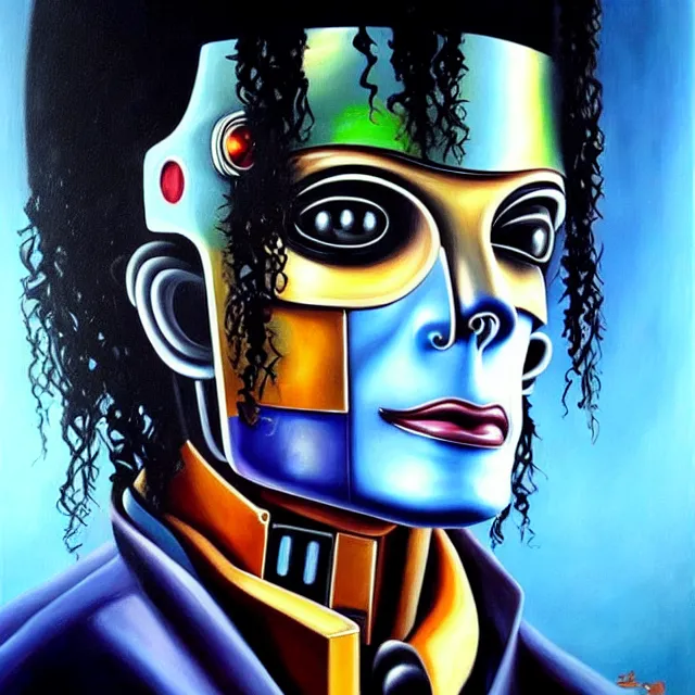 Image similar to a beautiful painting cyberpunk robot michael jackson face, by salvador dali realistic oil painting