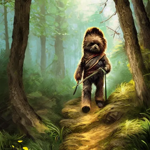 Prompt: adventurous ewok hiking up hills through the tall wooded forest, artstation, colorful