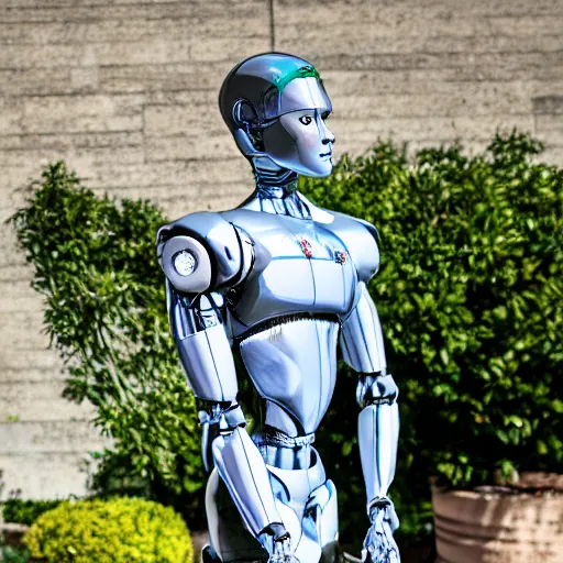 Image similar to a realistic detailed photo of a guy who is an attractive humanoid who is half robot and half humanoid, who is a male android, soccer player martin ødegaard, shiny skin, posing like a statue, blank stare, by the pool, on display, showing off his muscles, humanoid robot, frozen ice statue