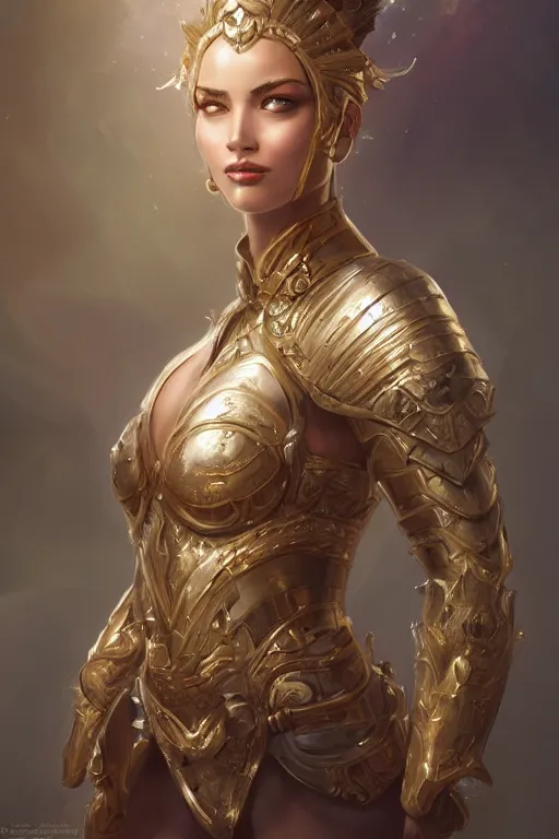 Image similar to three-quarters portrait pose of a beautiful woman, strong body, shining gold armor, human warrior, fantasy, intricate, elegant, highly detailed, digital painting, artstation, concept art, matte, sharp focus,D&D, illustration, art by Stanley Lau