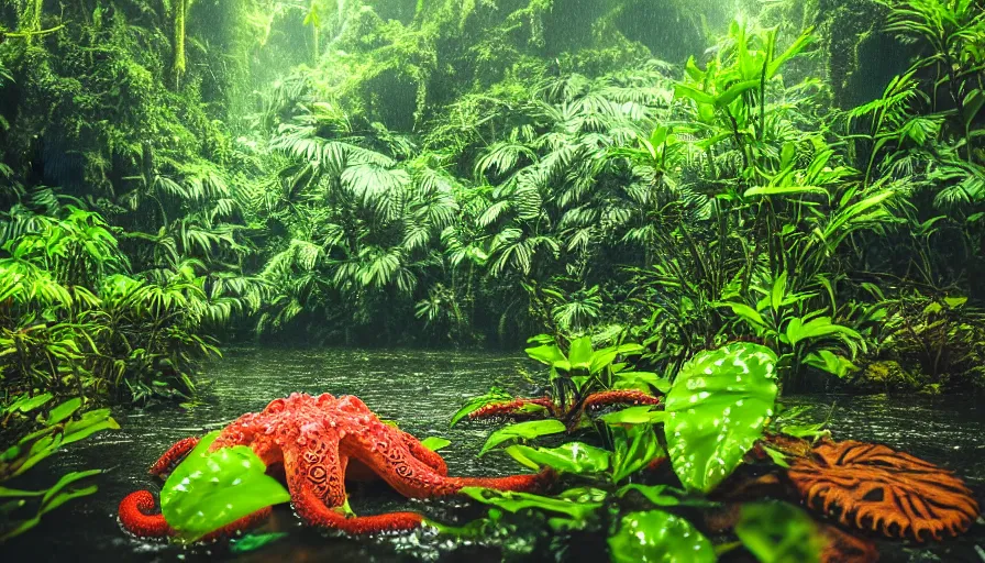 Image similar to a rainy foggy jungle, river with low hanging plants, there is a giant coral colored octopus in the water, great photography, ambient light