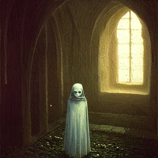 Image similar to cute girl in necromancer crypt by beksinski