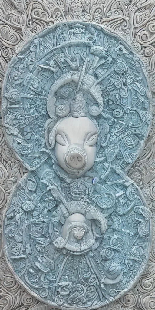 Image similar to intricate colourfully painted carved Soapstone relief paneling, white and pale blue , celestial, piggy, pig goddess, mother earth, Earth Goddess mythology, Gaia, angels, divinity, Ghostly, crystaline celtic, insanly detailed , artstation, wallpaper, hyper realistic, realistic lighting