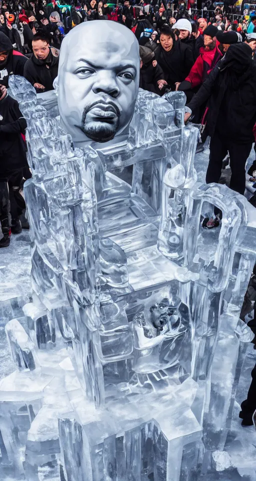 Image similar to dramatic photo, the rapper'ice cube'carving a full body ice sculpture of rapper'ice cube'at harbin ice festival, wide angle photo, award winning, artgerm, wlop, james gurney, trending on artstation