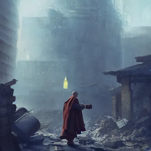 Image similar to a monk standing in the rubble of a smoking building, 8k, sharp high quality artwork in style of Jose Daniel Cabrera Pena and Greg Rutkowski, concept art by Tooth Wu, blizzard warcraft artwork