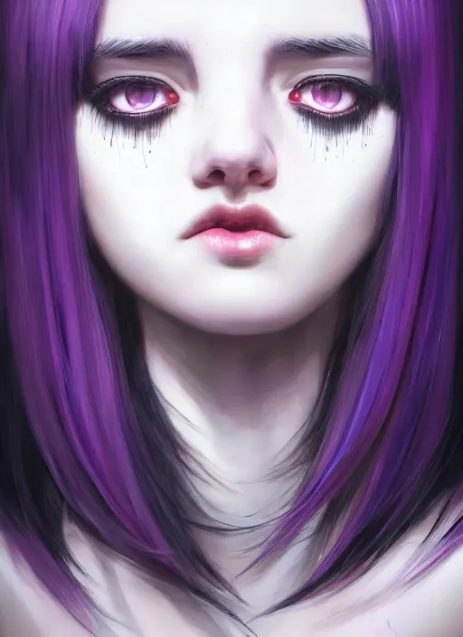 Image similar to hair blackbangs hair, white hair, blackbangswhitehair, portrait of teenage girl with black bangs, red irises, purple clothes, black bangs, bangs are white hair is black, intricate, elegant, glowing lights, highly detailed, digital painting, artstation, concept art, sharp focus, illustration, art by wlop, mars ravelo and greg rutkowski