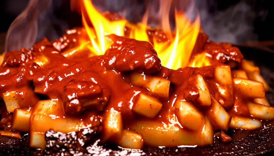 Image similar to poutine ( the canadian meal ) from mount doom, volcano texture, lava texture, fire texture