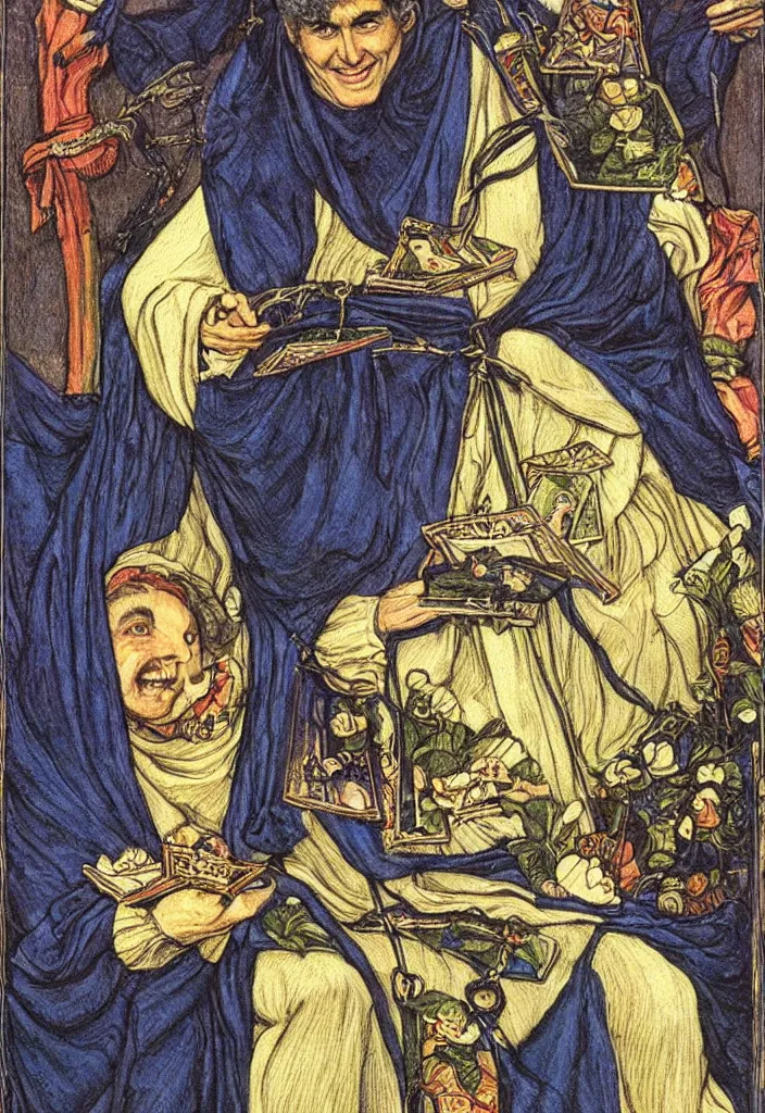 Image similar to Yoshua Bengio smiling on the Tarot card. Illustration by preraphaelists.