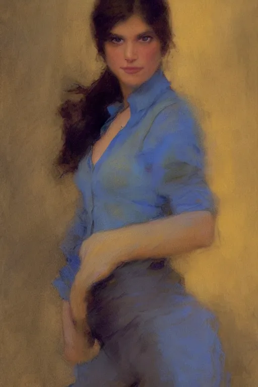 Image similar to a woman in a blue shirt, painting by Gaston Bussiere, Craig Mullins