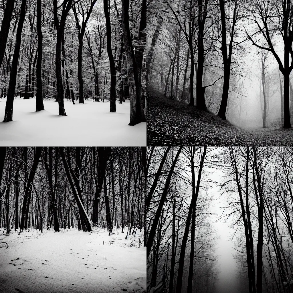Prompt: Dark forest in the winter, black and white