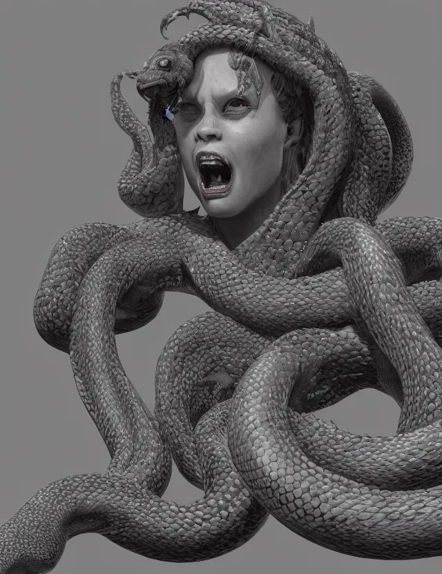 Prompt: Medusa, fantasy horror art, hissing scream, fangs, snakes for hair, scaly, detailed fantasy render, 8k, unreal engine with DLSS