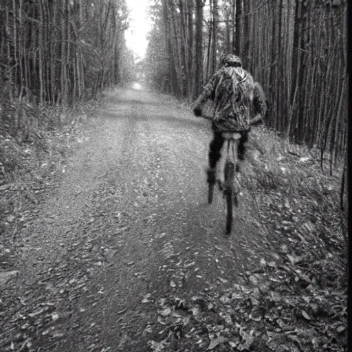 Image similar to chris hanson caught on a grainy trail cam, black and white