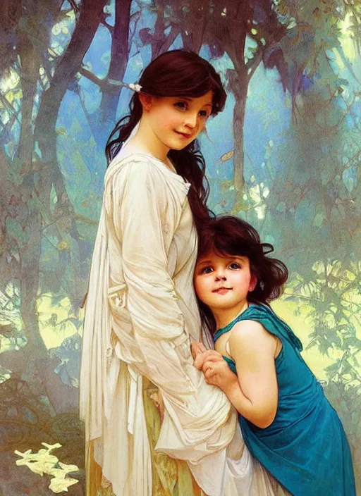 Image similar to a cute little girl with a round cherubic face, blue eyes, and short wavy light brown hair hugging her grandma. she is wearing a turquoise dress. beautiful painting by artgerm and greg rutkowski and alphonse mucha