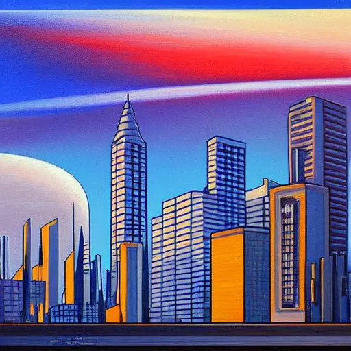 Prompt: this painting is a cityscape done in the style of precisionism. the buildings are all rendered with sharp lines and angles, and the overall effect is one of cleanliness and order. there is a strong sense of geometric shapes in the composition, overall effect is one of calm and serenity, featured on deviantart, space art, matte painting, apocalypse landscape, apocalypse art