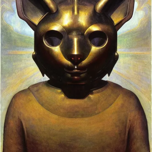 Image similar to masterpiece sculpture of a robot cat head mask, by annie swynnerton and diego rivera and nicholas roerich and jean delville, symbolist, dramatic lighting, god rays, elaborate geometric ornament, art brut, rich colors, smooth, sharp focus, extremely detailed, adolf wolfli and ( donato giancola )