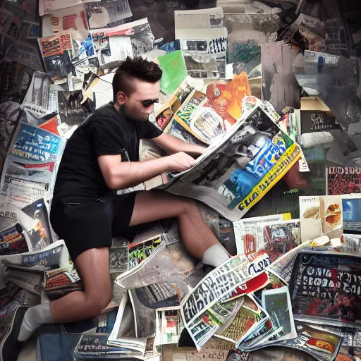 Prompt: a professional photographic collage and a young angry man ripping the magazines and newpapers, high definition, highly detailed, photo-realistic, unreal engine render, 16k