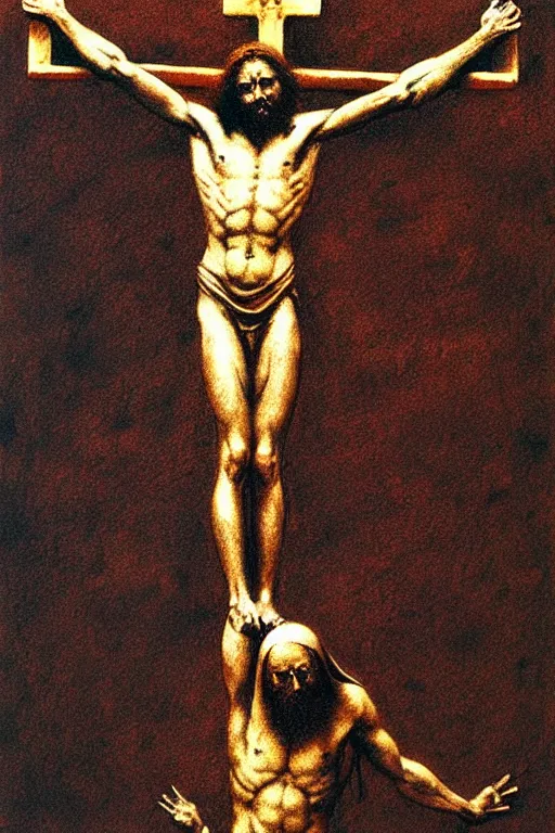 Image similar to jesus christ crucifixion by beksinski, fantasy, scary, award winning 8k