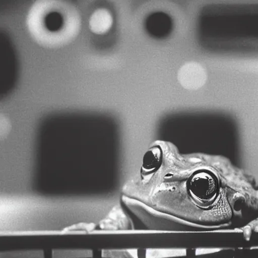 Prompt: 1 9 8 0 film still of an humanoid frog watching a movie in the cinema, cinema light - 4 n