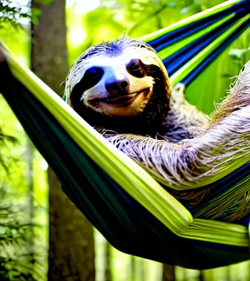 Prompt: a nature photograph of adam driver as a sloth resting in a hammock in his garden, sharp focus, long focal length, brightly lit