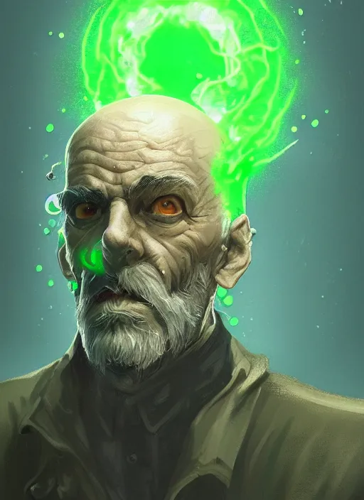 Image similar to a highly detailed illustration of bald old man smoking with green glowing eyes, dramatic standing pose, nuclear background, intricate, elegant, highly detailed, centered, digital painting, artstation, concept art, smooth, sharp focus, league of legends concept art, wlop.