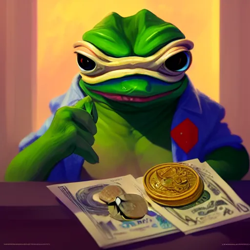 Image similar to super rich happy pepe, luxury, treasury, coins, money, hyper detalied, blue crystals, greg rutkowski, artstation