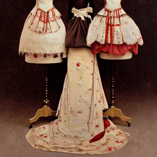 Prompt: A Russian and Japanese mix 1900s historical fantasy photograph of a empress bridal ensemble displayed on a mannequin featured inside of a museum.