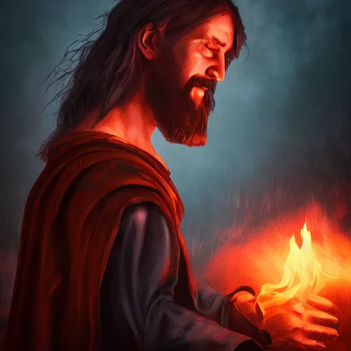 Image similar to A fantasy comic book style portrait painting ofJesus spell casting flames in a atmospheric dark fortress, unreal 5, magician, DAZ, hyperrealistic, octane render, RPG portrait, ambient light, dynamic lighting