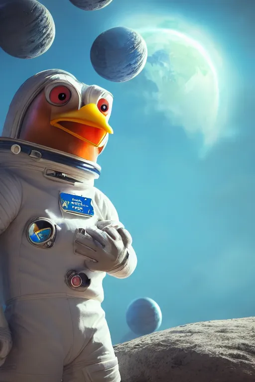 Image similar to a lonely chicken wearing a space suit without helmet in a alien planet, profile picture, digital art, concept art, trending on DeviantArt, highly detailed, high quality, 4K, cartoon, high coherence, path traced, blue sky in the background, octane render, digital painting, no helmet, masterpiece, anatomically correct, hyperrealistic