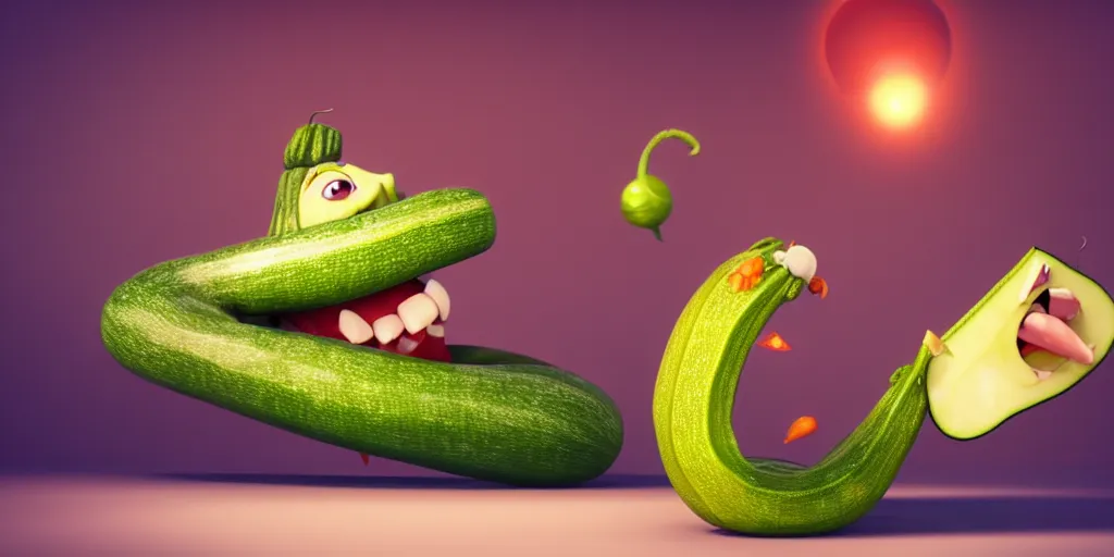 Image similar to detailed 3 d render of a raging zucchini!! character chasing!! down a desperate tomato!, high speed action, explosions, dramatic scene, hyper realistic octane render, cinematic lighting, deviantart, black sky, lowbrow, frame from pixar movie