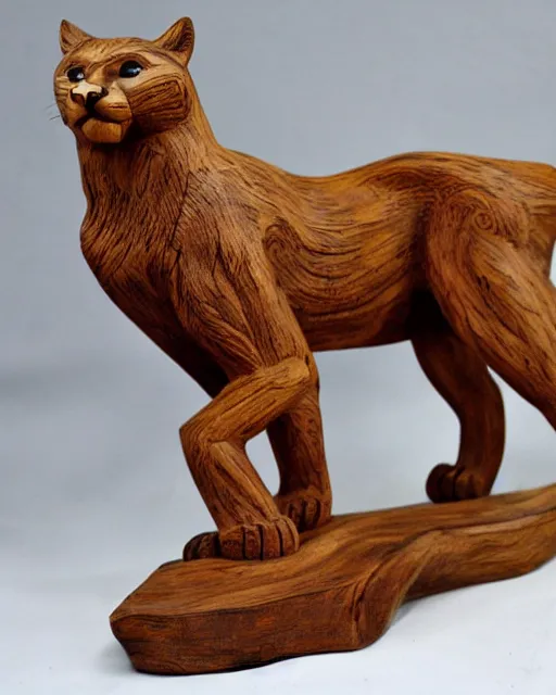 Image similar to wooden carving statue of a cougar, product picture, ebay listing thumbnail