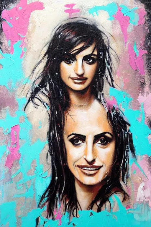 Prompt: oil painting, portrait of penelope cruz, graffiti, splash painting, by bansky