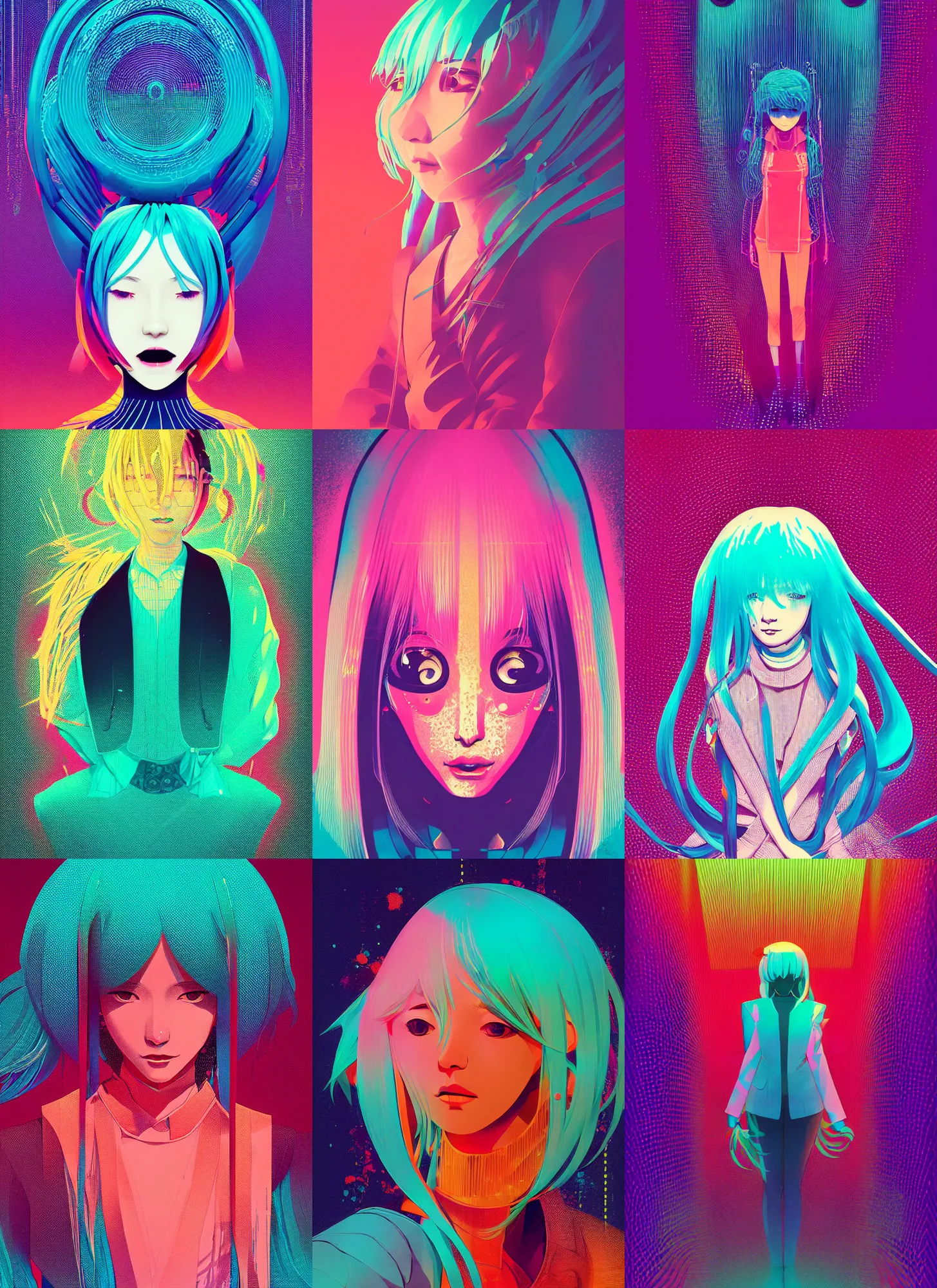 Prompt: ( ( dither ) ), editorial illustration portrait of hatsune miku, dynamic pose, modern art deco, colorful, ( ( mads berg ) ), christopher balaskas, victo ngai, rich grainy texture, detailed, dynamic composition, wide angle, moebius, matte print, glitch art, anime visual