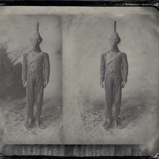 Prompt: Grainy obscure tintype photograph of Gray alien, rural Texas, 1911 photograph
