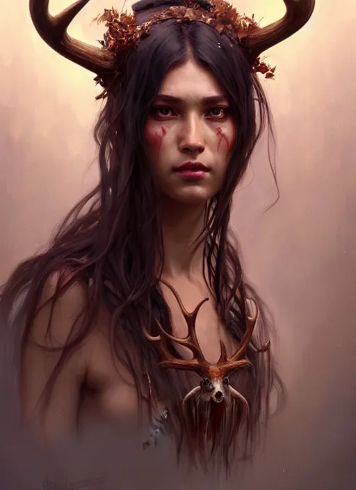 Image similar to portrait of shaman beautiful girl, intrigante, ¨ hedgear with antlers and bone parts, headshot, highly detailed, digital painting, artstation, concept art, sharp focus, cinematic lighting, illustration, art by artgerm and greg rutkowski, alphonse mucha, cgsociety