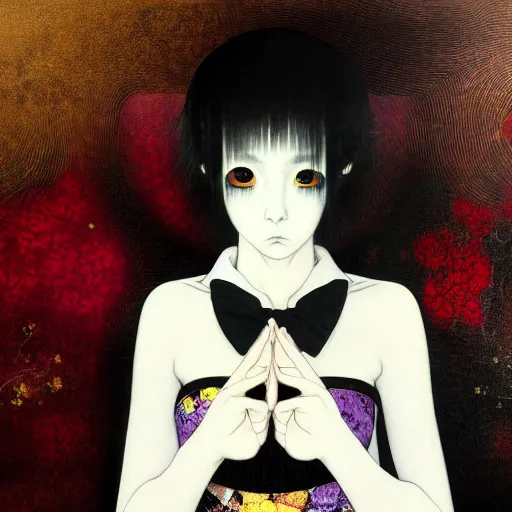 Image similar to yoshitaka amano blurred and dreamy realistic three quarter angle portrait of a young woman with black lipstick and black eyes wearing dress suit with tie, junji ito abstract patterns in the background, satoshi kon anime, noisy film grain effect, highly detailed, renaissance oil painting, weird portrait angle, blurred lost edges