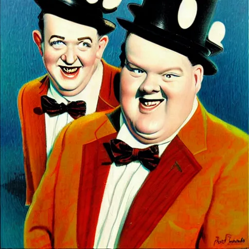 Image similar to A portrait of Stan Laurel and Oliver Hardy in hats by Frank Kelly Freas