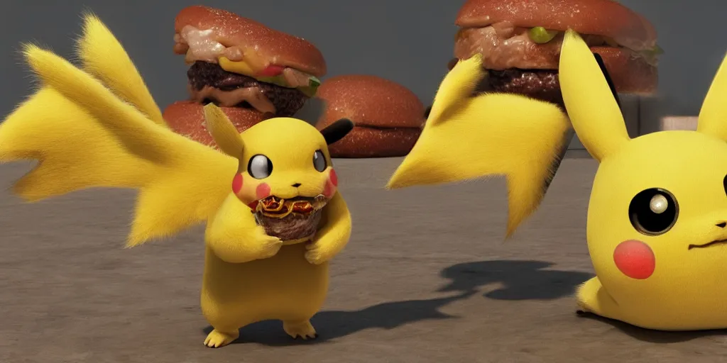 Image similar to a realistic Pikachu with furr eating a hamburger, digital art, close shot, highly detailed, hyperrealistic, photorealistic, unreal engine 5, made by a professional 3d artist, dynamic lighting, trending on artstation, 4k uhd, epic composition